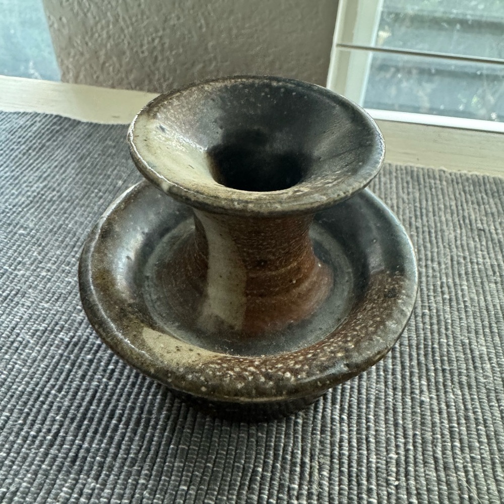 Small Glazed Pottery Round Taper Candle Holder